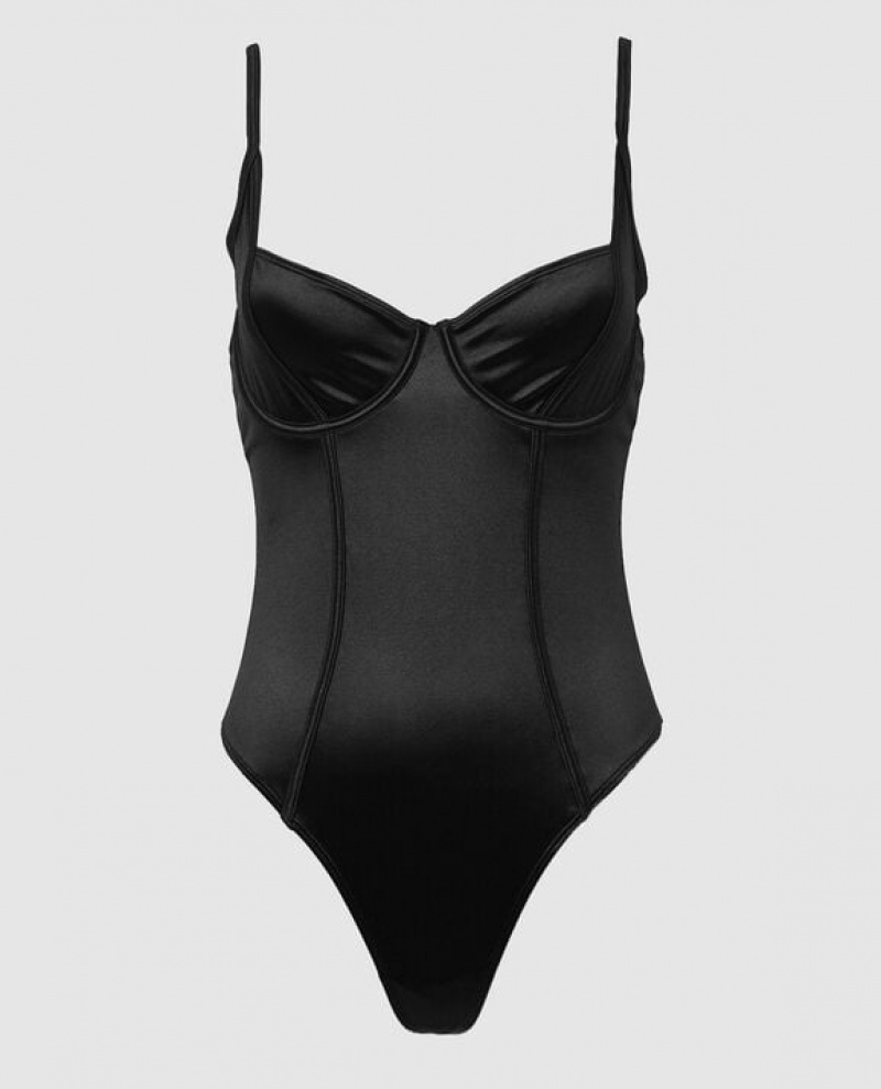 Lencería La Senza Unlined Satin Bodysuit Mujer Negras | GVklRHq8